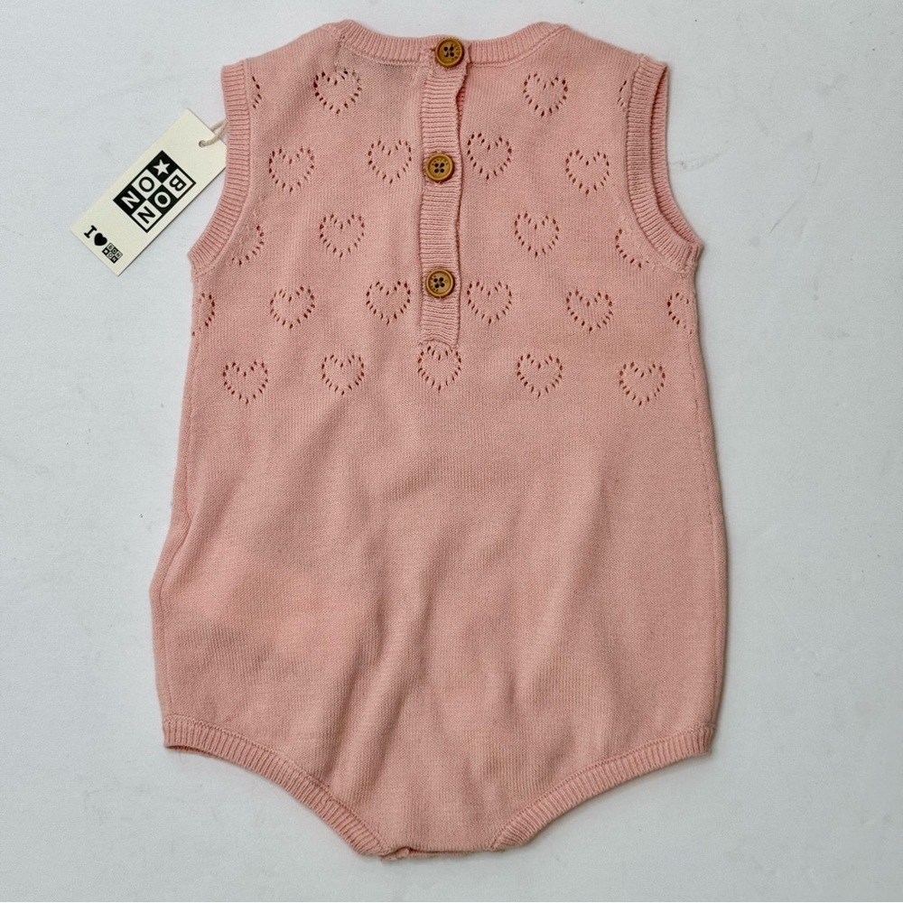 NWT BONTON Paris Baby Romper Rose Pink Heart Cotton Knit Size 3M - Picture 8 of 16